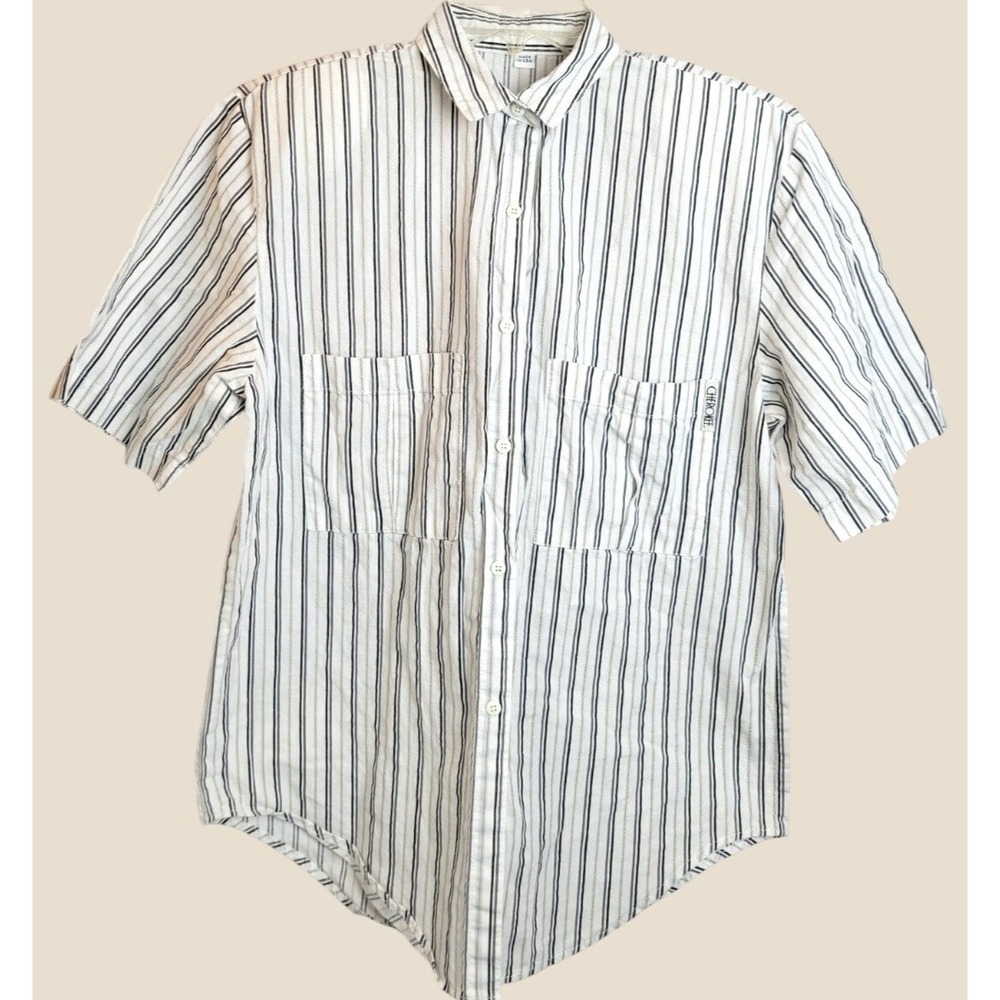 Cherokee Button Down Shirt Vintage 90s Minimalist Striped Short Sleeve White M/L